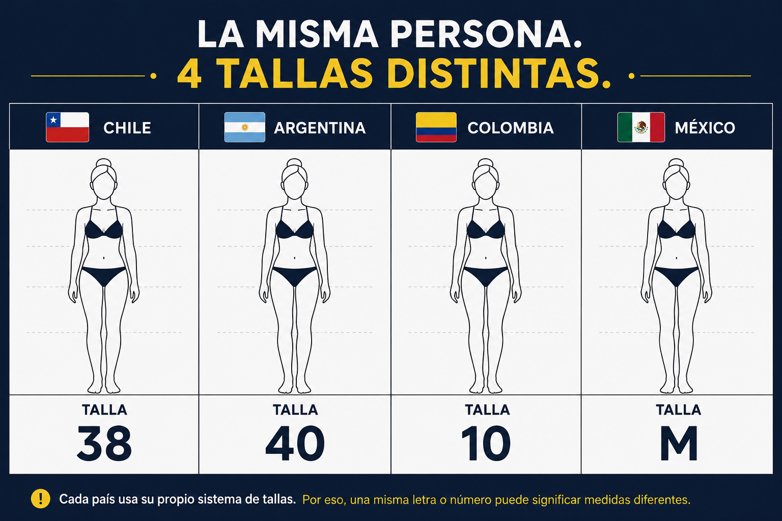 La misma persona tiene talla 38 en Chile, 40 en Argentina, 10 en Colombia y M en México
