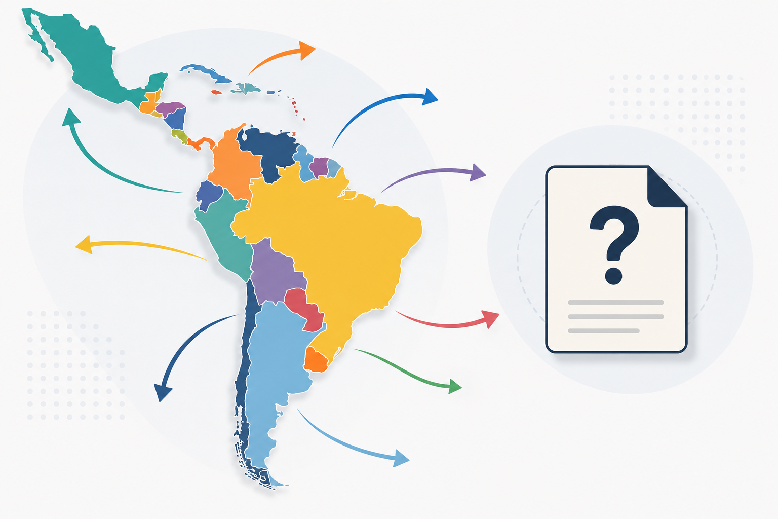 Mapa de Latinoamérica con flechas en distintas direcciones, simbolizando la falta de estándar regional